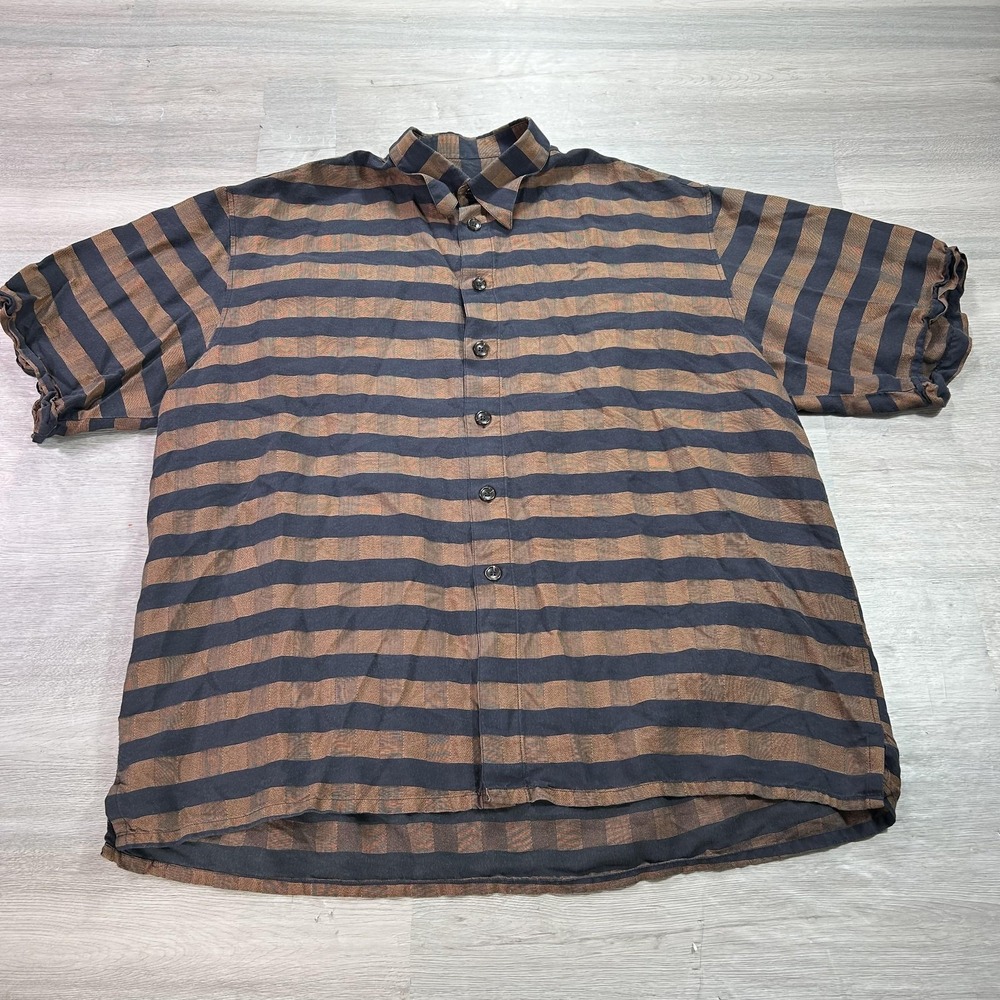 Zanetti Shirt Mens 2XL Brown Striped Linen Blend Button Up Made In Italy